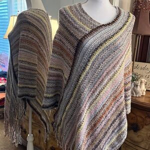 Multicolor Knit Poncho Sweater with Fringe - One Size